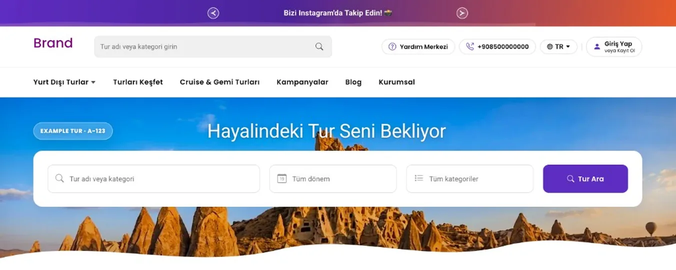 Tur satış yazılımı ana sayfa — hero arama ve destinasyon vitrini